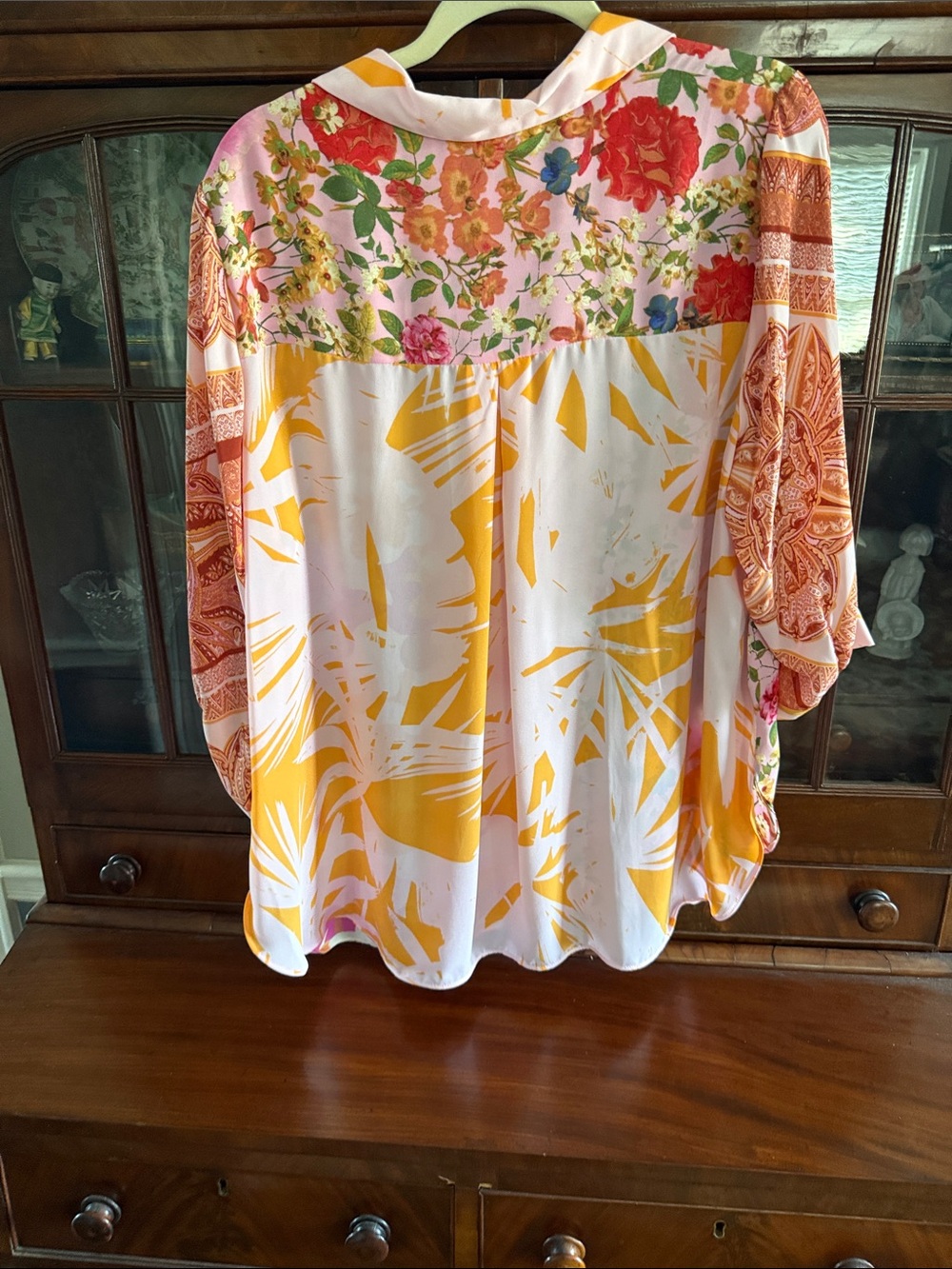 Rose & Olive Pink & Orange Mixed Floral Patchwork Button-Down Shirt - Picture 5 of 7